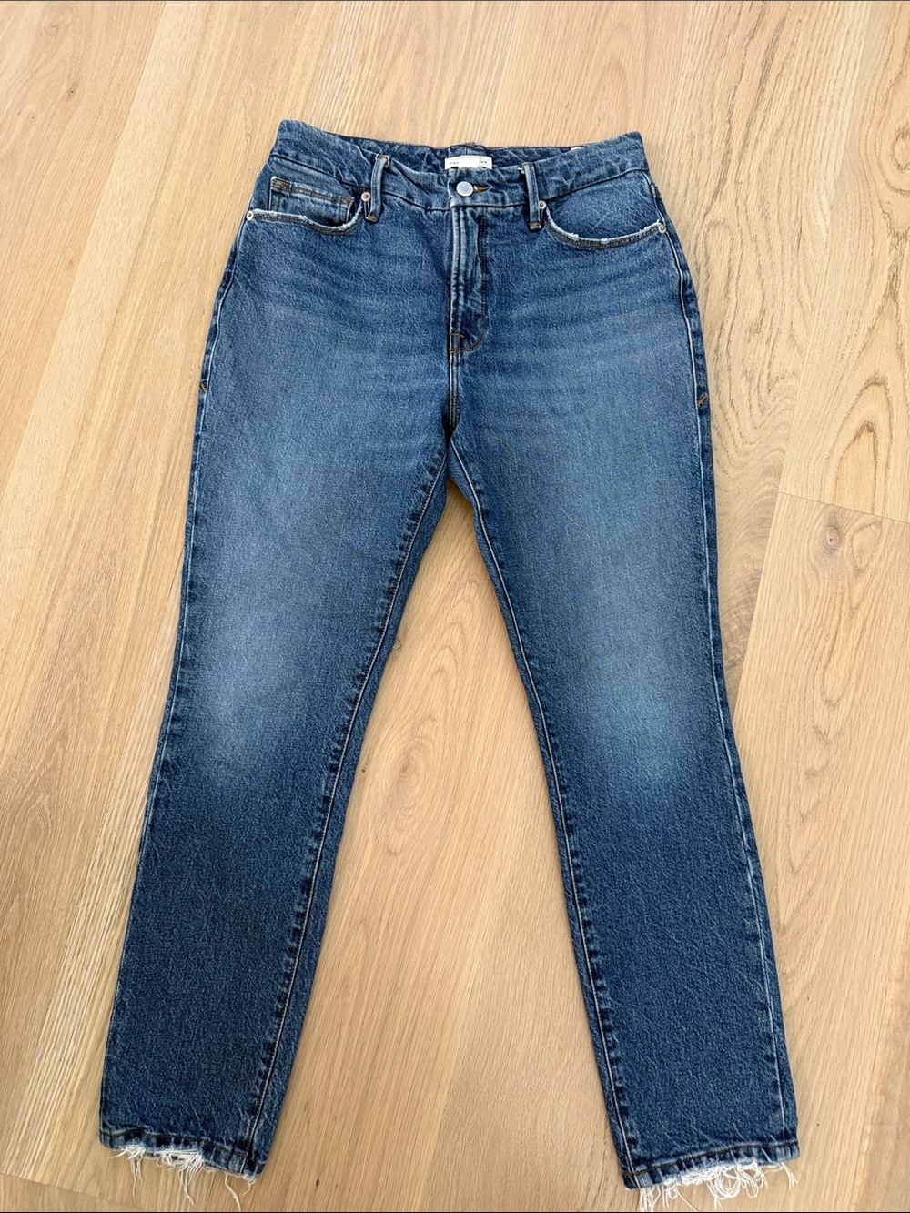 Good American High Rise Straight Ankle Jeans Size 2 / 26 Raw Hem Medium Wash